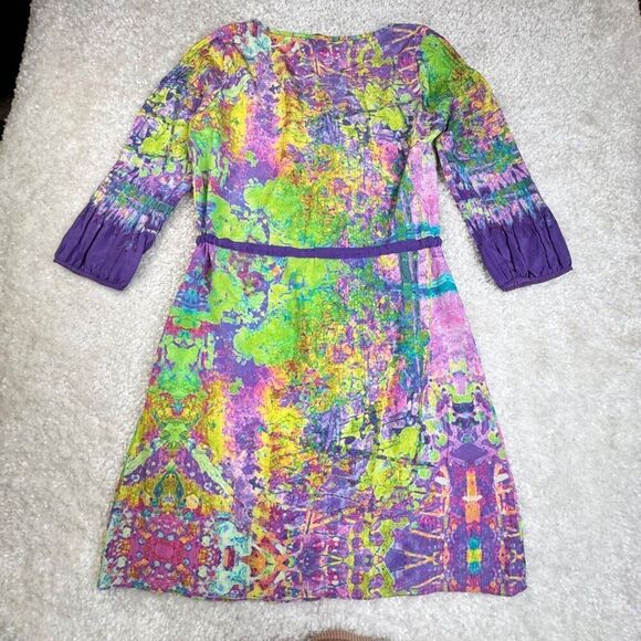 Tibi Silk Half Button Watercolor Dress Tie Waist Purple Green - Picture 2 of 11